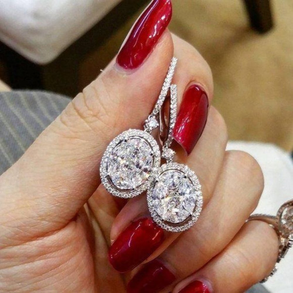 NEW 18K White Gold Oval Diamond Halo Earrings - Picture 2 of 3
